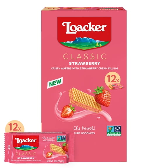 Loacker Classic Strawberry Wafers, Non-GMO Crème-Filled Wafer Cookies, 1.59oz, Pack of 12