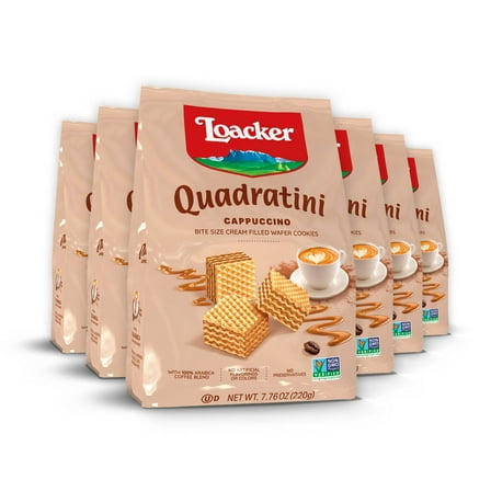 Loacker Quadratini Cappuccino, Non-GMO Cream-Filled Bite-Size Wafer Cookies, 7.76 oz, Pack of 6