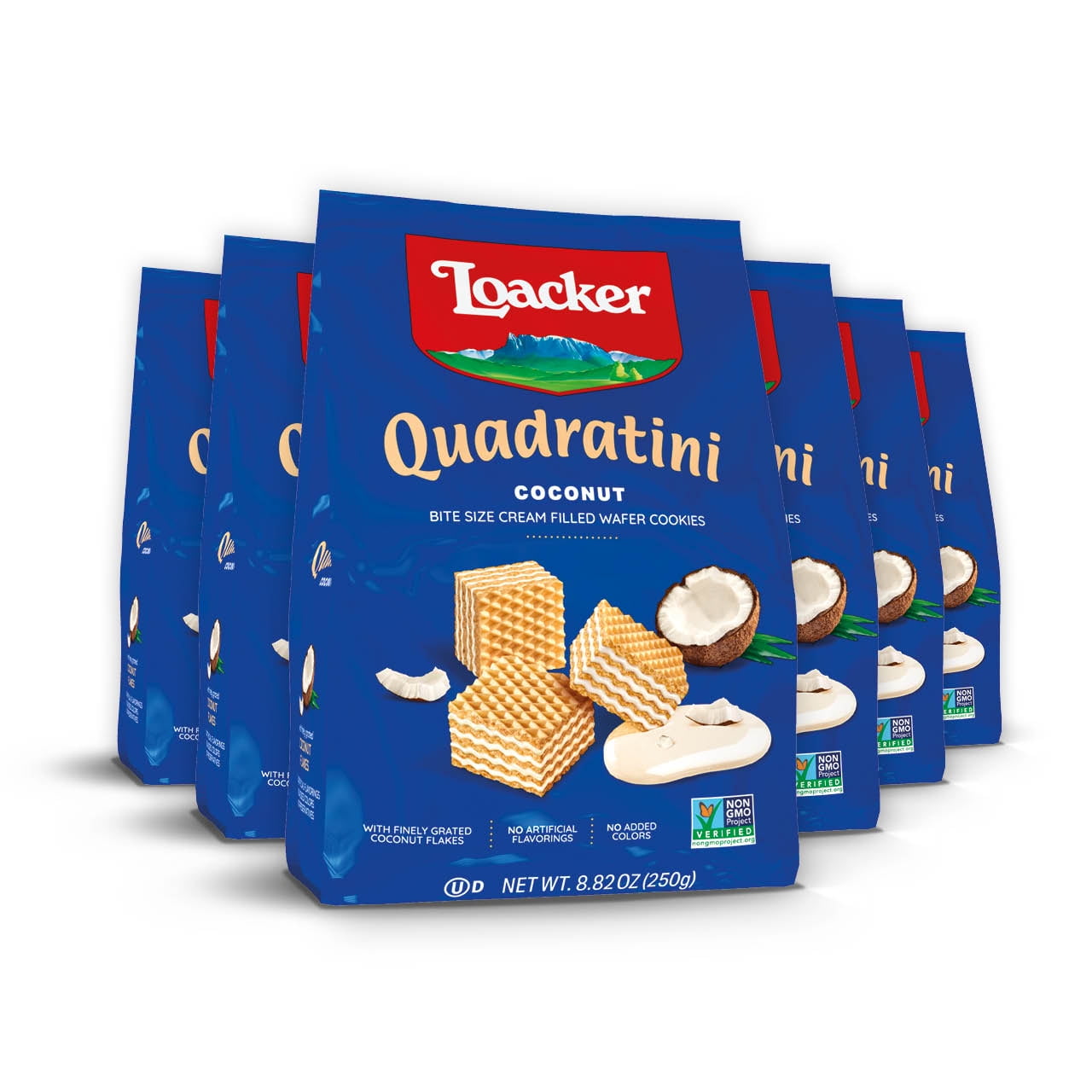 Loacker Quadratini Coconut, Non-GMO Cream-Filled Bite-Size Wafer Cookies, 8.82 oz, Pack of 6