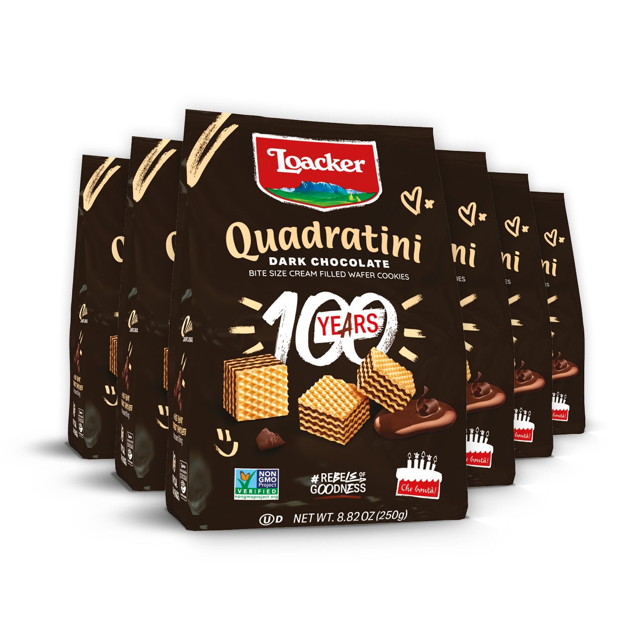 Loacker Quadratini Dark Chocolate, Non-GMO Cream-Filled Bite-Size Wafer Cookies, 8.82 oz, Pack of 6