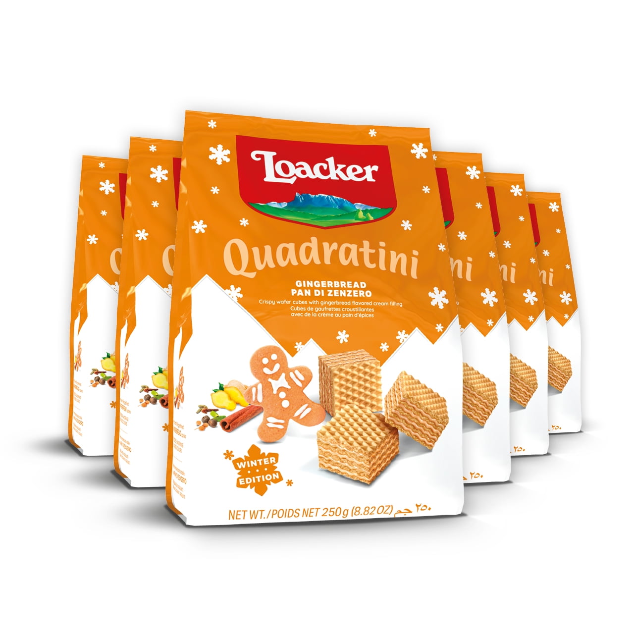 Loacker Quadratini Gingerbread, Bite-size Wafer Cookie, 8.82 oz, Pack of 6