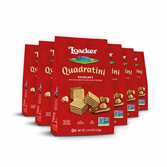 Loacker Quadratini Hazelnut Wafer Cookies SMALL - 30% Less Sugar - Premium Crispy Bite Size Wafers with Hazelnut Cream Filling - Resealable Pack - NON-GMO - 100% Italian Hazelnuts - SMALL Snack Bag, 1