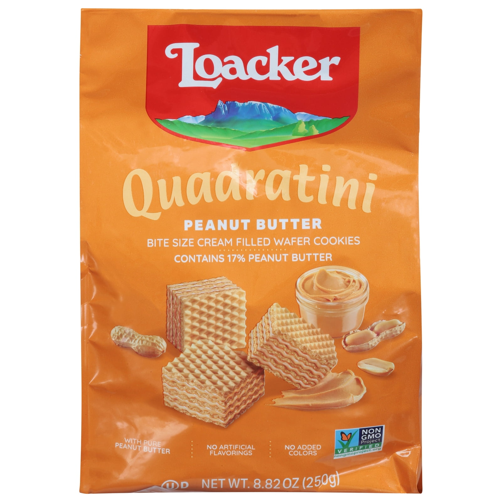 Loacker Quadratini Peanut Butter, Non-GMO Cream-Filled Bite-Size Wafer Cookies, 8.82 oz, Pack of 6