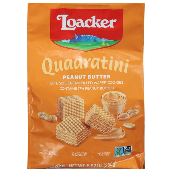 Loacker Quadratini Peanut Butter, Non-GMO Cream-Filled Bite-Size Wafer Cookies, 8.82 oz, Pack of 6