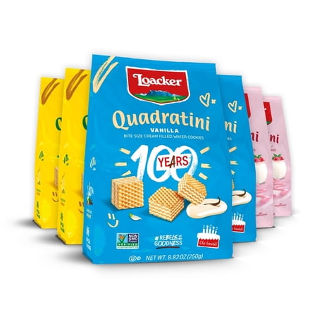 Loacker Quadratini Fruity Variety Pack Wafer Cookies LARGE - Mix of Lemon, Vanilla, and Raspberry Yogurt - Premium Crispy Bite Size Wafers - LARGE Pack of 6