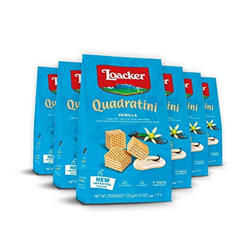 Loacker Quadratini Vanilla Wafer Cookies SMALL - 30% Less Sugar - Premium Crispy Bite Size Wafers with Vanilla Cream Filling - Resealable Pack - NON-GMO - Sustainably Sourced Vanilla from Madagascar -