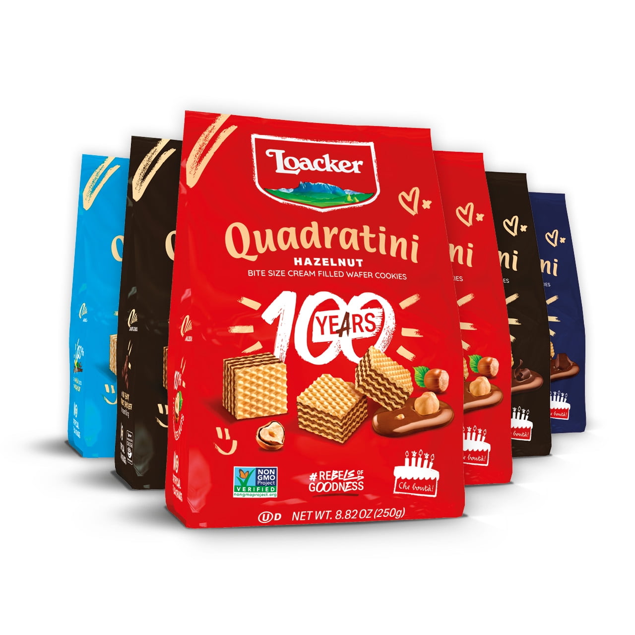 Loacker Quadratini Variety Pack Wafer Cookies, Mix of Hazelnut/Dark Chocolate/Vanilla/Chocolate, Pack of 6