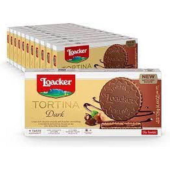Loacker Tortina dark; dark chocolate with hazelnut filling, 6x21-gram pieces boxes (case of 12)