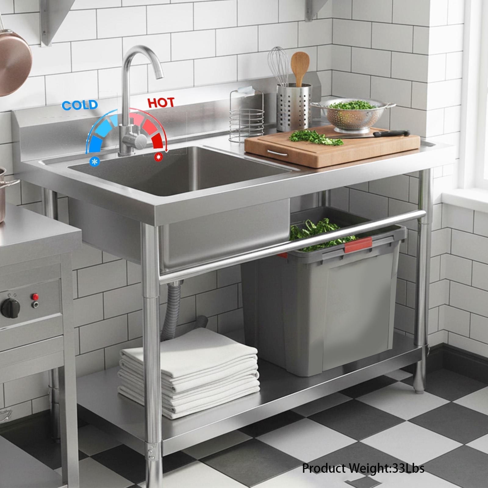 Load Up to 398LBS Heavy Duty Stainless Steel Utility Sink, Freestanding Bowl Kitchen Sink with Cold and Hot Water Pipe, 31.5×23.62×36.37 In, for Laundry Room Farmhouse Kitchen
