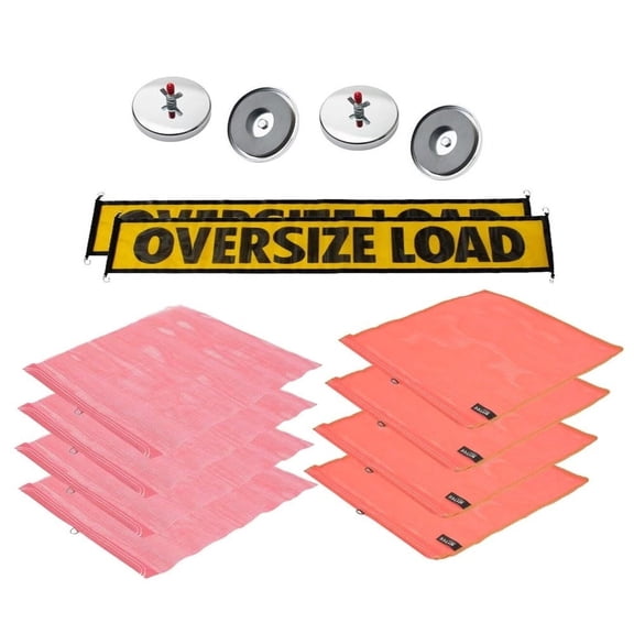 Load Banners, Multi-Color Safety Flags and Magnets Kit - Includes (2) Oversize Load Banner, (4) Magnetic Flag Holders, (4) Red Flags with Wire Loop, (4) Orange Flags with Wire Loop