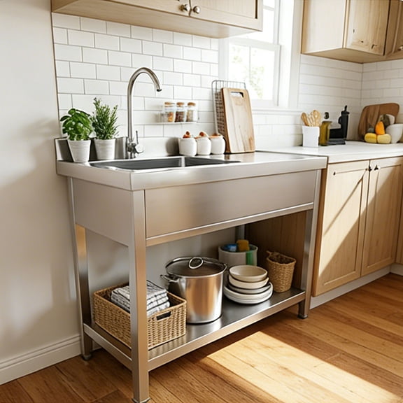 Load Capacity 320LBS Stainless Steel Freestanding Kitchen Sink with Countertop Workstation, Utility Sink Single Bowl with Cold and Hot Water Pipe for Kitchen