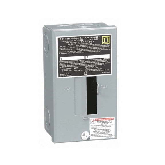 Load Center, 2 Spaces, 30 A Amps, 120/240V AC, QO Circuit Breaker Type