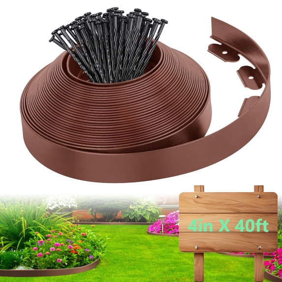 Loaddvni Garden Landscape Edging Kit, 40-Foot Long, 4-Inch Tall with 80 Anchoring Spikes, No Dig Lawn Border Design for Garden Flower Beds Lawn Yard Paver Pathway (Brown)