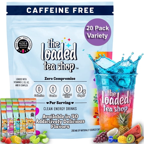 The Loaded Tea Shop Caffeine-Free Drink Mix Packets, Variety 20 pack, Sugar-Free, B Vitamins, Zero Calorie, No Artificial Colors/Flavors