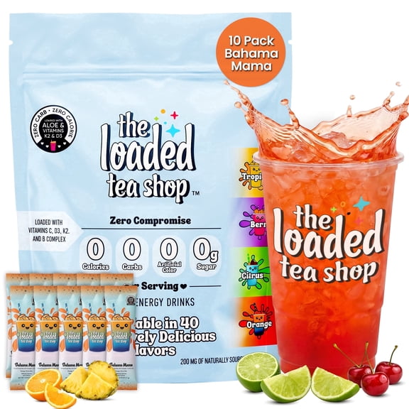 The Loaded Tea Shop Energy Drink Mix Packets, Bahama Mama 10 pack, Sugar-Free, 200mg Caffeine, B Vitamins, Zero Calorie, No Artificial Colors/Flavors