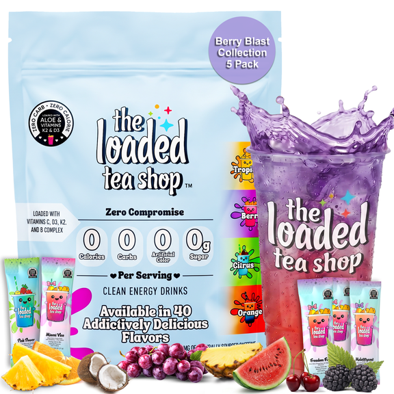 The Loaded Tea Shop Energy Drink Mix Packets, Berry Blast 5 pack, Sugar-Free, 200mg Caffeine, B Vitamins, Zero Calorie, No Artificial Colors/Flavors