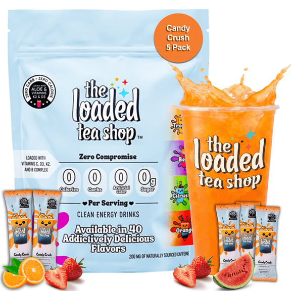 The Loaded Tea Shop Energy Drink Mix Packets, Candy Burst 5 pack, Sugar-Free, 200mg Caffeine, B Vitamins, Zero Calorie, No Artificial Colors/Flavors