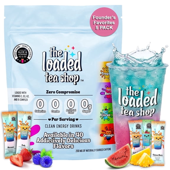 The Loaded Tea Shop Energy Drink Mix packets, Founder's Favorites 5 pack, Sugar-Free, 200mg Caffeine, B Vitamins, Zero Calorie, No Artificial Flavors