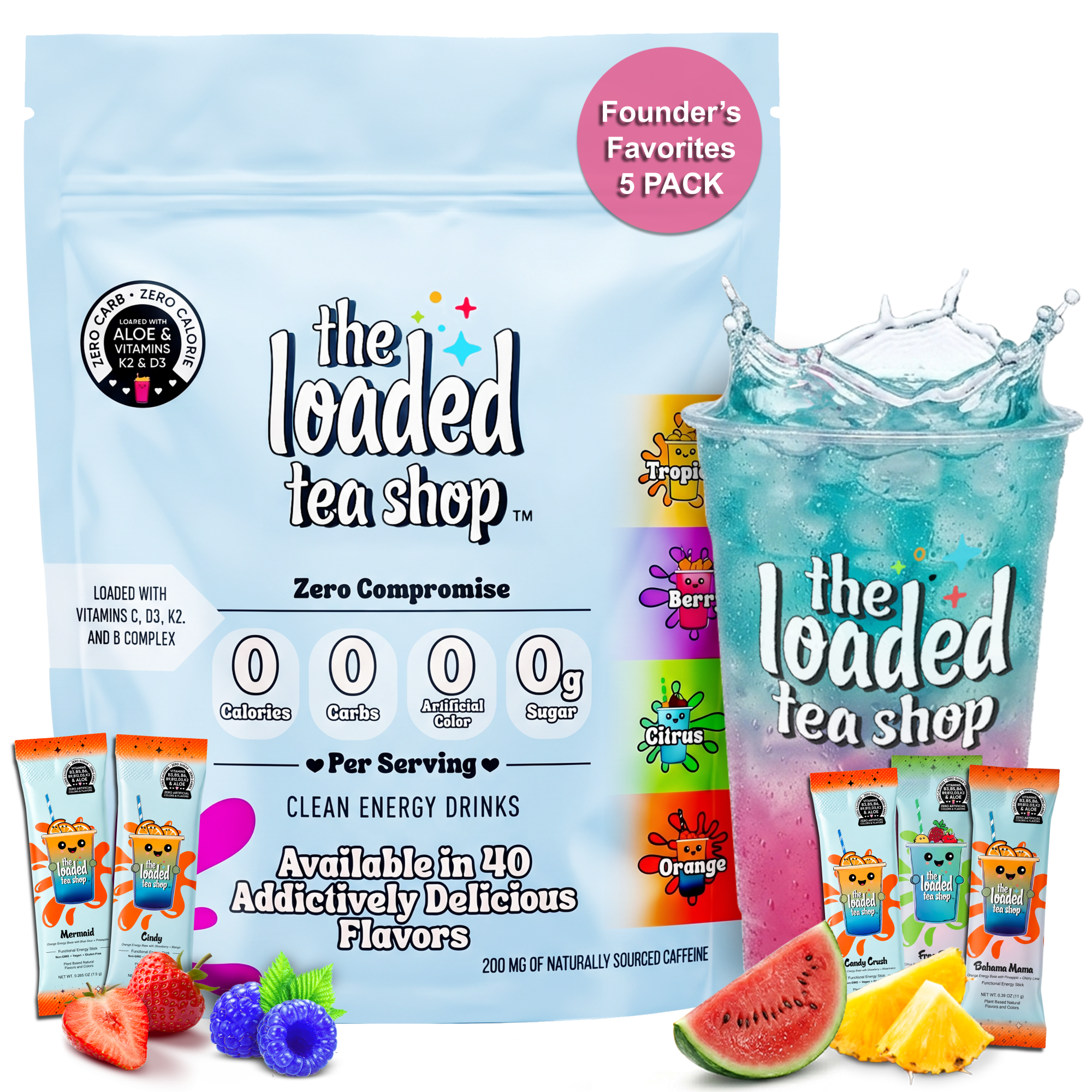 The Loaded Tea Shop Founders Favorites Energy Drink Mix Sticks, 5 Pack
