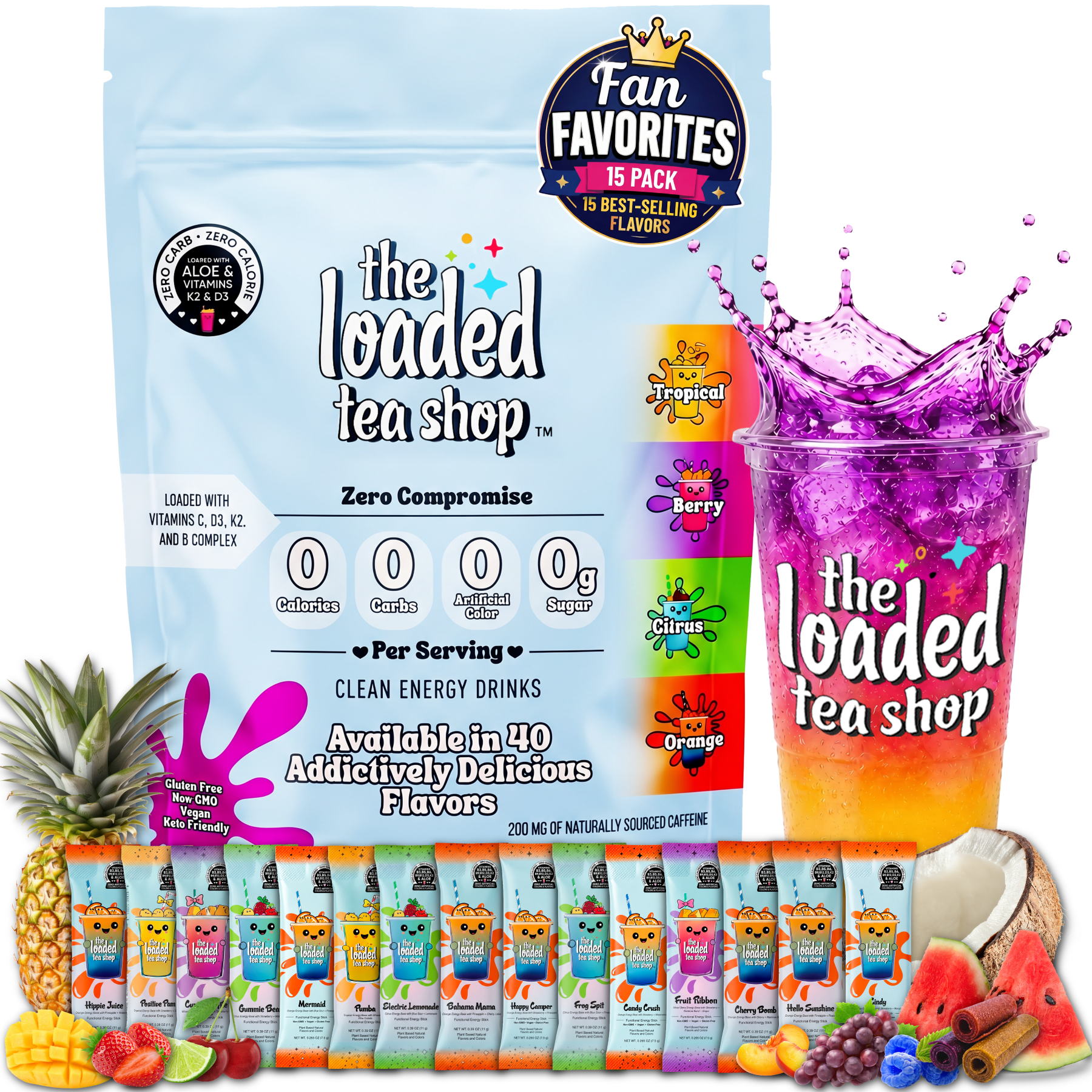 The Loaded Tea Shop Fan Favorites Energy Drink Mix, Sugar Free, 15 pack ...