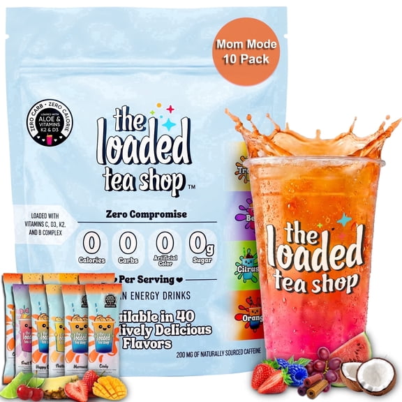 The Loaded Tea Shop Energy Drink Mix Packets, Mom Mode 10 pack, Sugar-Free, 200mg Caffeine, B Vitamins, Zero Calorie, No Artificial Colors/Flavors