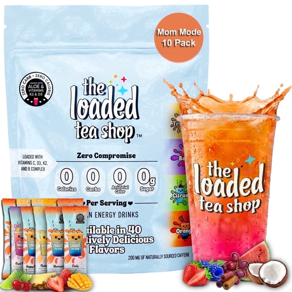 The Loaded Tea Shop Energy Drink Mix Packets, Mom Mode 10 pack, Sugar-Free, 200mg Caffeine, B Vitamins, Zero Calorie, No Artificial Colors/Flavors