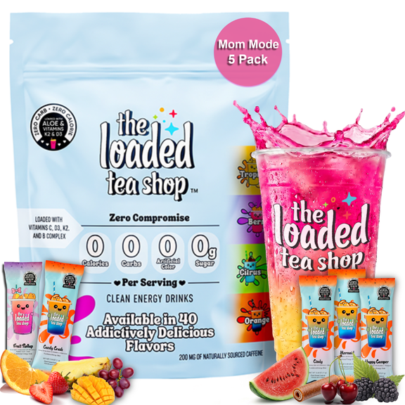 The Loaded Tea Shop Energy Drink Mix Packets, Mom Mode 5 pack, Sugar-Free, 200mg Caffeine, B Vitamins, Zero Calorie, No Artificial Colors/Flavors