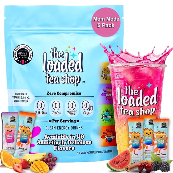 The Loaded Tea Shop Energy Drink Mix Sticks, Mom Mode 5 Pack, Sugar-Free, Zero Calories, 200mg Natural Caffeine, No Artificial Colors/Flavors, Powder Packets w/ B Vitamins