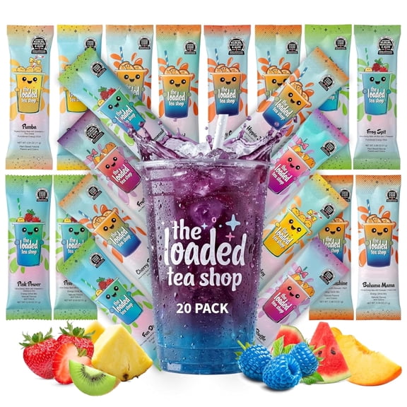 The Loaded Tea Shop Energy Drink Mix Packets, Variety 20 pack, Sugar-Free, 200mg Caffeine, B Vitamins, Zero Calorie, No Artificial Colors/Flavors