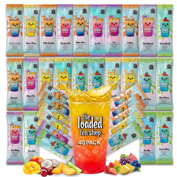 The Loaded Tea Shop Energy Drink Mix Packets, Variety 40 pack, Sugar-Free, 200mg Caffeine, B Vitamins, Zero Calorie, No Artificial Colors/Flavors
