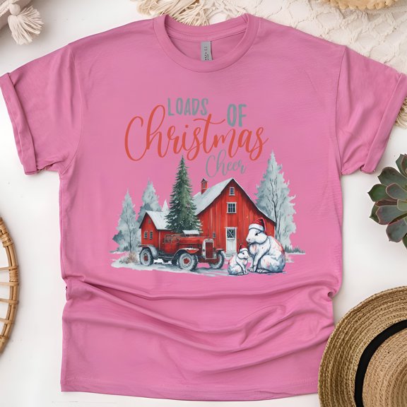 Loads of Christmas Cheer T-Shirt | Red Barn Holiday Graphic Tee, Heliconia, Size XL