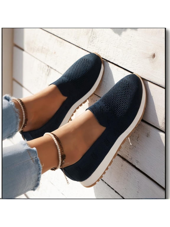 Loafers For Women Comfort Walking Shoes Memory Foam Slip On Sneakers Comfort Fall Shoes Walking Knitted Flat Boat Shoes Clearance Sale