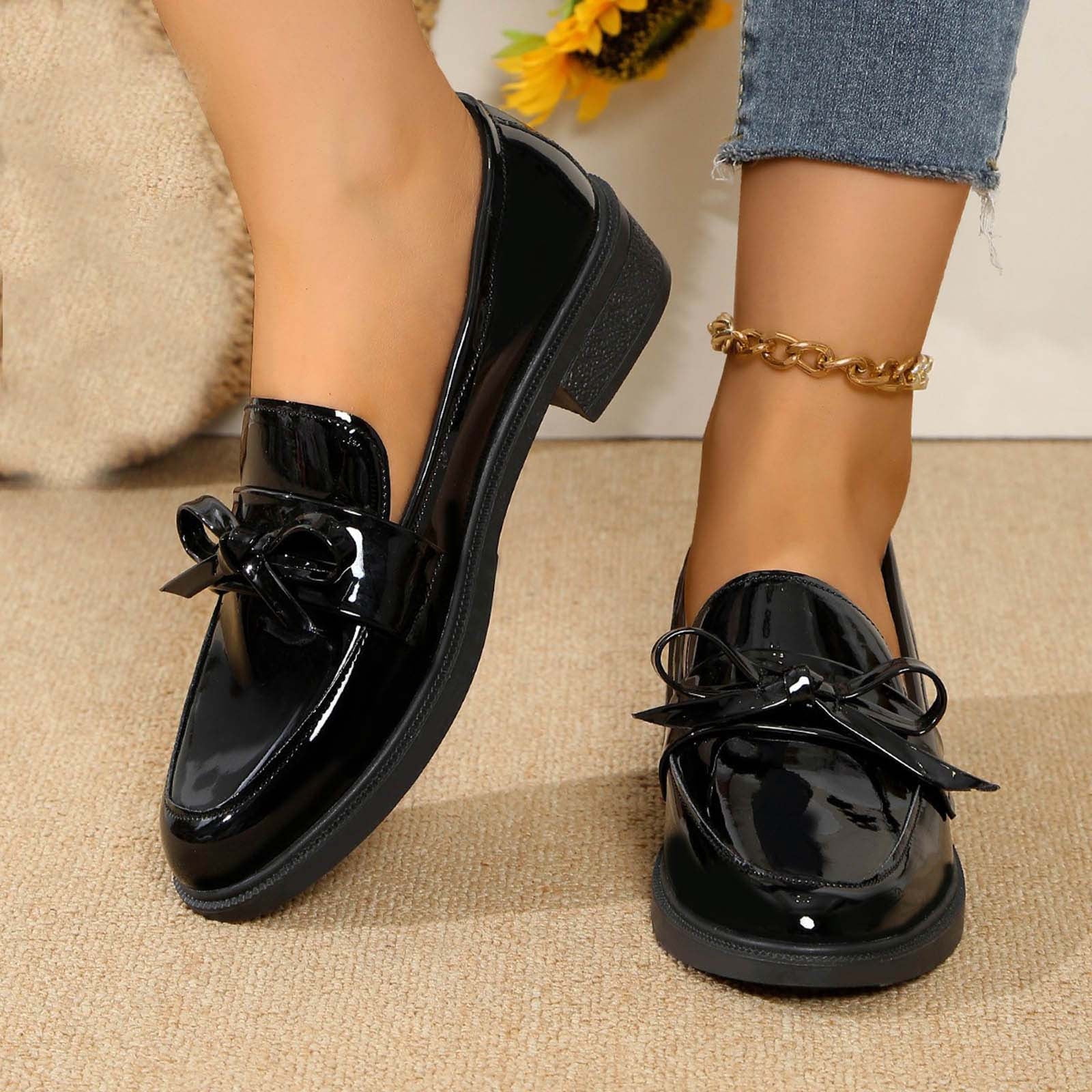 RUIYANQI Loafers for Women Slip On Comfort Business Work Shoes Women's Trendy Patent Leather Comfort Casual Closed Round Toe Slip On Bow-Knot Dress