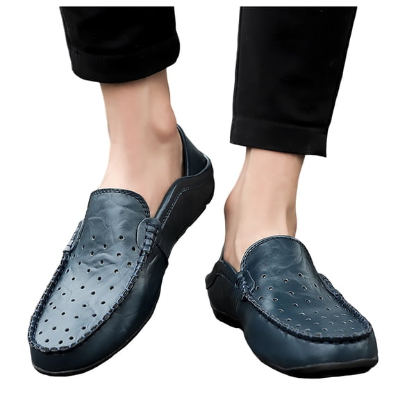 Loafers for Men Breathable Soft Leather Slip on Casual Dressy Shoes Fashion Moc Toe Hollow Out Slip On Sneakers Blue Size 7