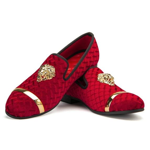 Loafers for Men Men's Rhombus Velvet Loafers Red Wedding Dress Shoes Men's Gold Buckle, Red-09, 11 US