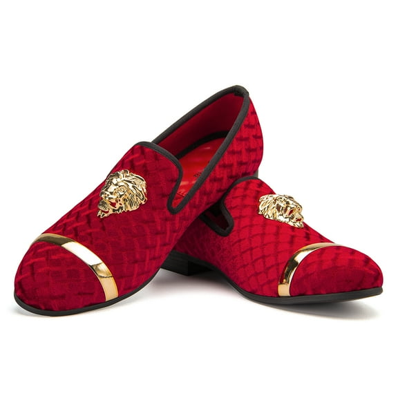 Loafers for Men Men's Rhombus Velvet Loafers Red Wedding Dress Shoes Men's Gold Buckle, Red-09, 13 US