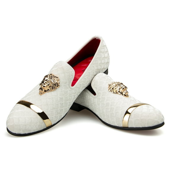 Loafers for Men Men's Rhombus Velvet Loafers White Wedding Dress Shoes Men's Gold Buckle, White-06, 11 US