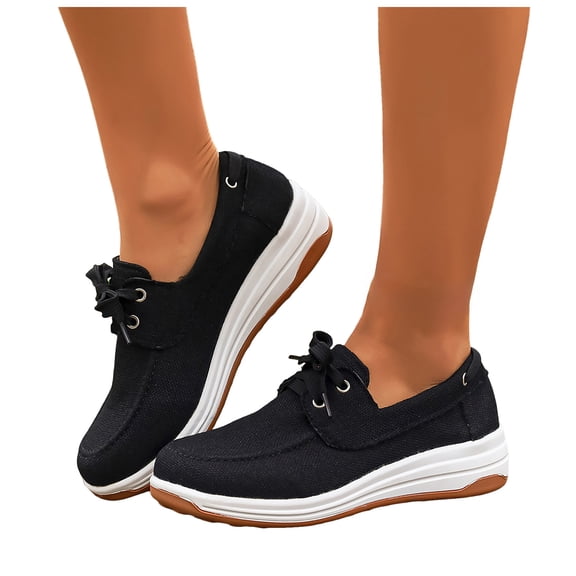 Loafers for Women Casual Slip on Canvas Boat Shoes Comfortable Arch Support Low Wedge Lace up Walking Shoes Black Size 9