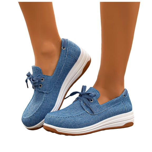 Loafers for Women Casual Slip on Canvas Boat Shoes Comfortable Arch Support Low Wedge Lace up Walking Shoes Sky Blue Size 9