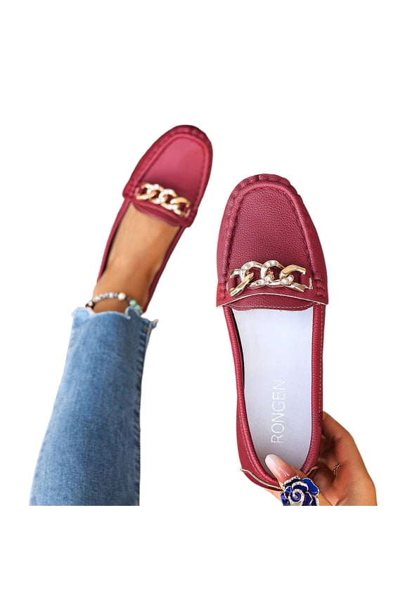 Loafers for Women Comfortable Slip On Business Work Flats Shoes Casual Loafer Flat Sole Women's Casual Plus Size Loafers with Metal Chain