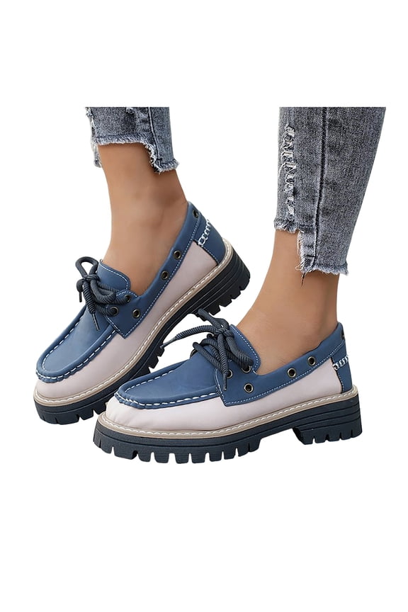 Loafers for Women Fashion Splice Leather Lace up Platform Lug Sole Dress Flat Shoes Casual Slip on Walking Shoes Blue Size 7