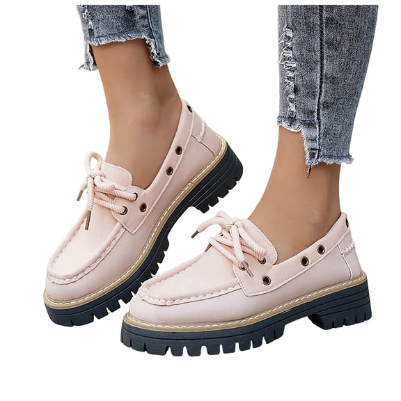 Loafers for Women Fashion Splice Leather Lace up Platform Lug Sole Dress Flat Shoes Casual Slip on Walking Shoes Pink Size 8.5