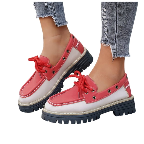 Loafers for Women Fashion Splice Leather Lace up Platform Lug Sole Dress Flat Shoes Casual Slip on Walking Shoes Red Size 8.5