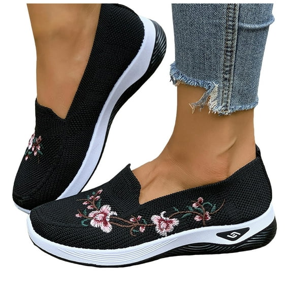 Loafers for Women Floral Embroidery Knit Msh Flat Walking Shoes Lightweight Casual Orthopedic Nursing Shoes Black Size 7.5