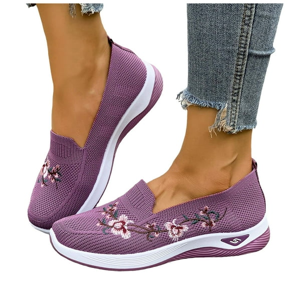 Loafers for Women Floral Embroidery Knit Msh Flat Walking Shoes Lightweight Casual Orthopedic Nursing Shoes Purple Size 7.5
