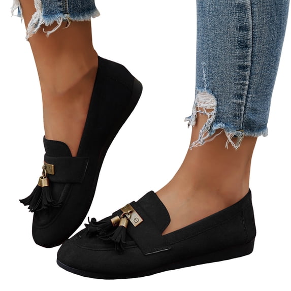 Loafers for Women Fringe Suede Slip on Flat Shoes Casual Round Toe Tassel Walking Shoes Comfortable Moccasins Black Size 7.5