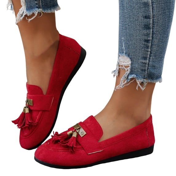 Loafers for Women Fringe Suede Slip on Flat Shoes Casual Round Toe Tassel Walking Shoes Comfortable Moccasins Red Size 8