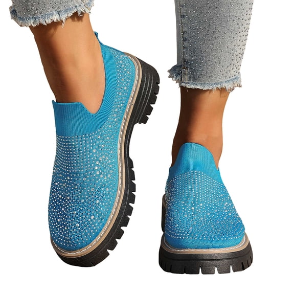 Loafers for Women Knit Mesh Rhinestone Platform Lug Sole Casual Slip on Walking Shoes Comfortable Dressy Flat Shoes Blue Size 7