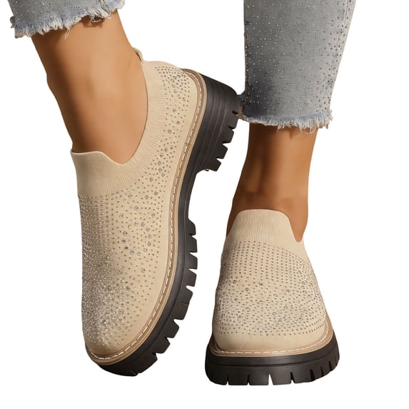 Loafers for Women Knit Mesh Rhinestone Platform Lug Sole Casual Slip on Walking Shoes Comfortable Dressy Flat Shoes Khaki Size 5.5