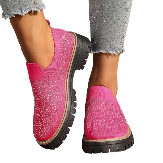 Loafers for Women Knit Mesh Rhinestone Platform Lug Sole Casual Slip on Walking Shoes Comfortable Dressy Flat Shoes Watermelon Red Size 8.5